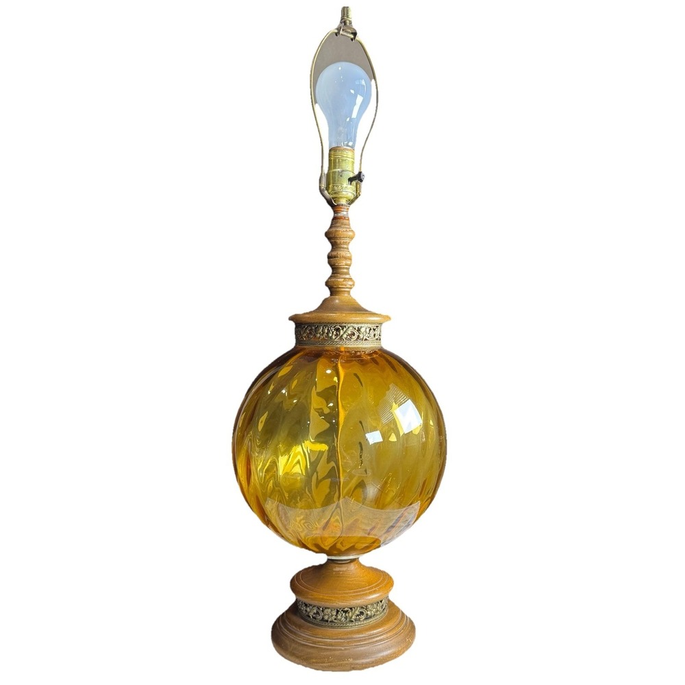VTG Amber Swirled Optic Glass Table Lamp MCM Embossed Metal Wood Base 28" 3-way